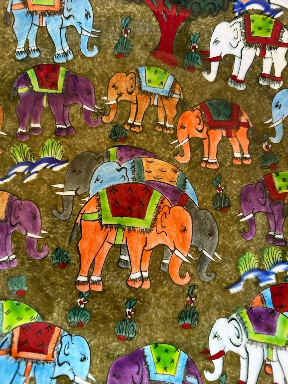 Turkish Hand Painted Ceramic Wall Plate Colorful Elephants 12in Artist Signed